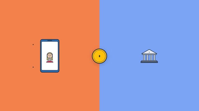 Digital banking mobile application animation featuring a smartphone coin and bank building icons for modern financial service motion graphic design
