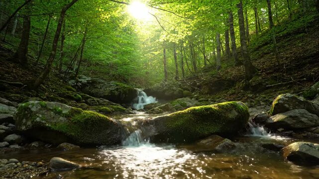 Sunlight through trees over a forest stream and waterfall