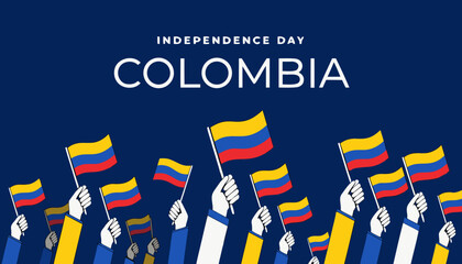 Colombia Independence Day celebration banner, patriotic crowd holding Colombian flags, national holiday greeting with yellow blue and red colors isolated on White Background © Mr