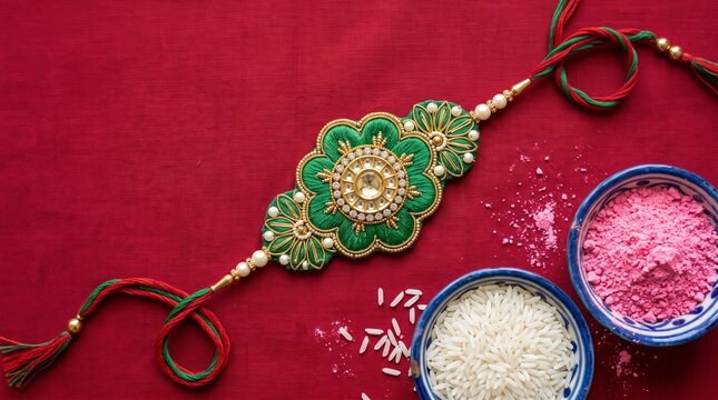 Raksha Bandhan, Indian festival with beautiful Rakhi and Rice Grains. A traditional Indian wrist band which is a symbol of love between Sisters and Brothers