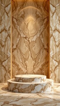 Contemporary podium stages featuring a luxury marble texture on premium amber studio backdrop