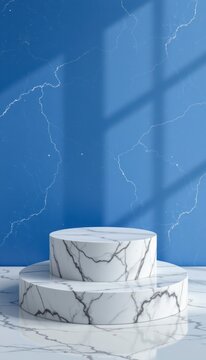 Clean marble podium showcases resting on premium royal blue minimal background