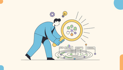 Obraz premium Professional analyst using a large magnifying glass to examine complex data points and network connections for business insights.