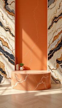 Simple podium marble grains overlapping with clean graphic elements on premium tangerine orange matte surface