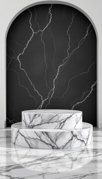 Pure podium setups decorating a clean abstract marble surface on premium dark slate grey clean surface