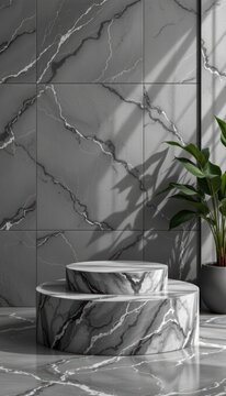 Aesthetic marble podium contents presenting a seamless stone aesthetic on premium graphite grey monochrome backdrop