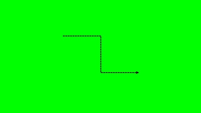 Black dashed line arrow animation moving in a sharp zig zag path on a bright vibrant green screen video background