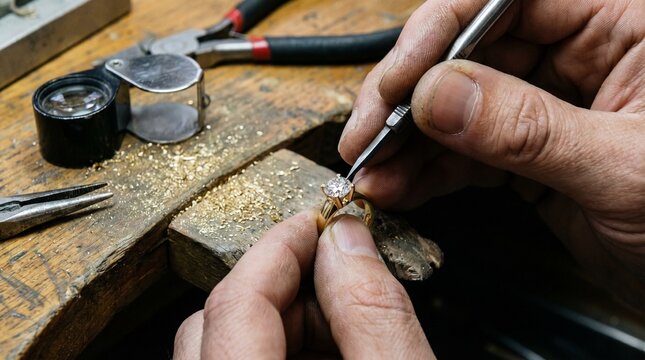 Close up of professional jeweler hands making diamond ring with tools at workbench