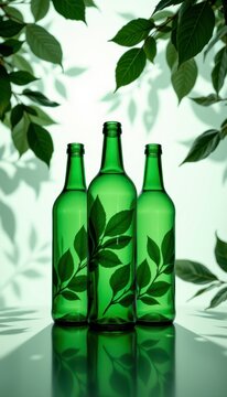 Aesthetic leaf shadow glass bottles balancing inside premium emerald green backdrop