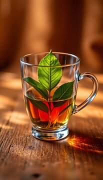 Modern glass cups highlighting a fresh leaf shadow on premium amber backdrop