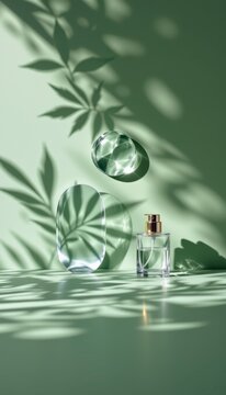 Aesthetic glass leaf shadow arrangements reflecting a luxury product showcase on premium sage green smooth backdrop