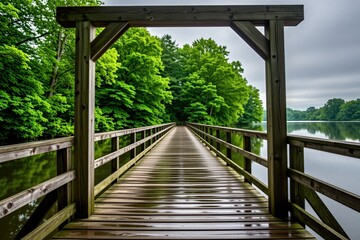 Fototapeta premium Wooden boardwalk goes over calm water with lush green forest on background. Pathway leads into lake with reflection. Peaceful nature scene on a cloudy day.