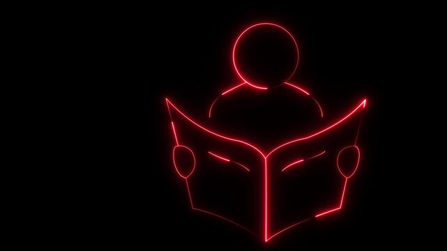 glowing neon person reading book icon isolated on black background. futuristic education, learning, knowledge, and study concept. 4k video animation.