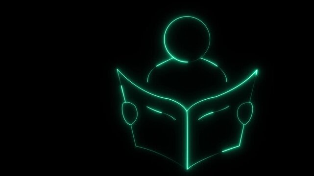 glowing neon person reading book icon isolated on black background. futuristic education, learning, knowledge, and study concept. 4k video animation.