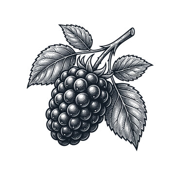 Detailed botanical engraving of a blackberry on a white background