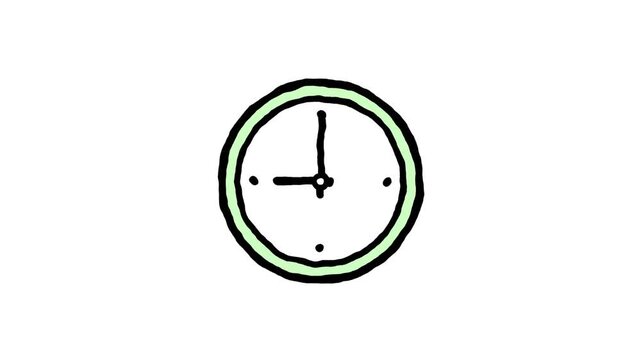 Simple hand drawn clock animation showing time passing with bold black lines and light green circular frame motion video clip