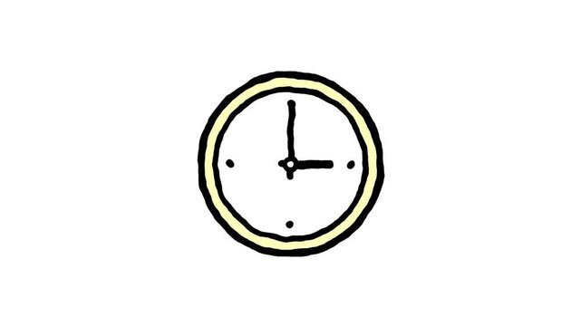 Yellow circular wall clock showing three o'clock time with ticking hand motion in a simple hand drawn animation video clip