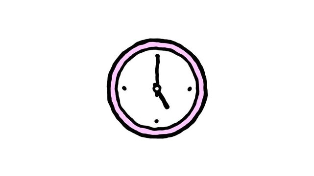 Pink hand drawn clock animation showing time passing with bold black outlines on a clean white background motion digital graphic
