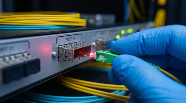 Technician hand in blue glove connecting fiber optic cable to network switch in server room