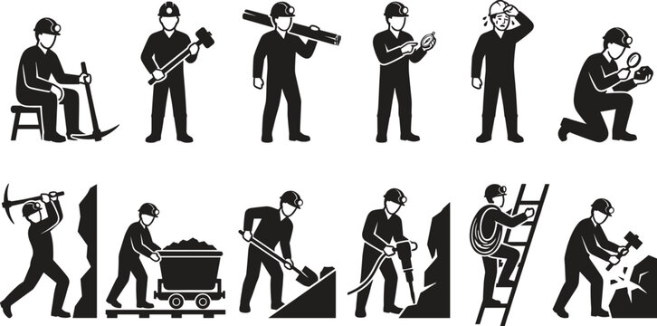 Professional coal mine workers performing extraction, drilling, exploration, and hauling tasks in industrial mining operations, flat black icon design.