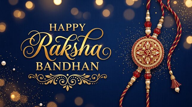 Elegant Raksha Bandhan banner with gold text and ornate Rakhi