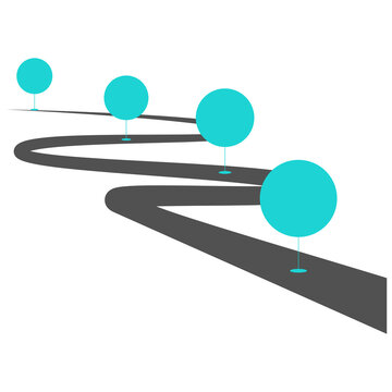 Winding road infographic template with four steps and turquoise circular markers isolated on transparent background