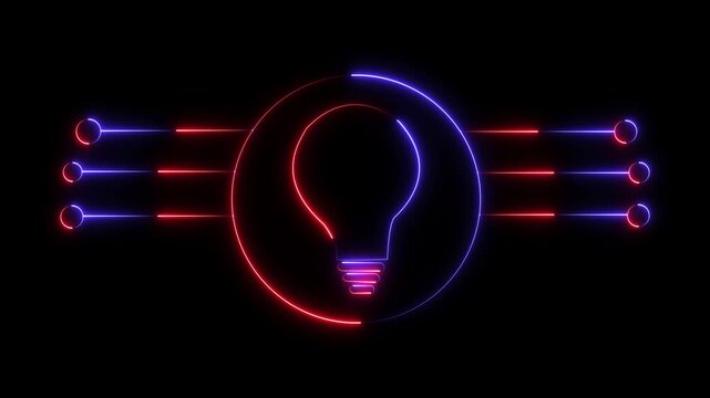 Glowing neon light bulb icon with circuitry elements on black. Creative glowing neon light bulb icon for digital innovation concepts. Innovative glowing neon light bulb