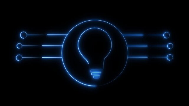 Glowing neon light bulb icon with circuitry elements on black. Creative glowing neon light bulb icon for digital innovation concepts. Innovative glowing neon light bulb