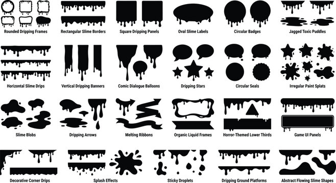 Dripping Slime Silhouette Mega Pack with Melting Borders, Liquid Paint Splatters, Gooey Graphic Frames, and Horror Themed UI Elements