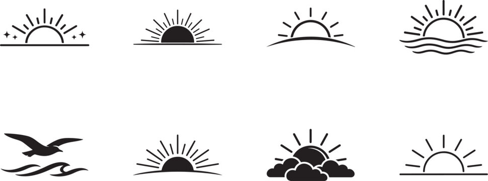 Minimalist sunrise and sunset icon set with modern line symbols for nature, weather, branding, and UI.
