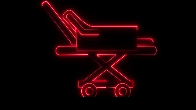 red neon medical Stretcher icon isolated on black background. Medical stretcher with a patient icon for emergency transport and healthcare services. 4k video animation