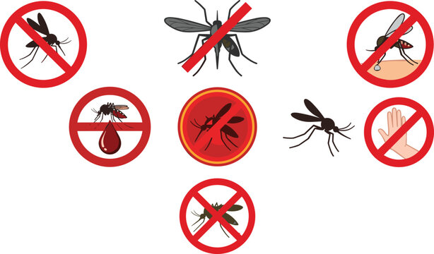 Anti Mosquito Warning Icon Set with Prohibited Insect Symbols, Pest Control Labels, Malaria Prevention Signs, and Stop Bug Bite Warnings