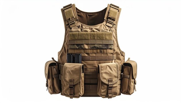 Tan tactical vest with pouches, MOLLE webbing, and ammunition carriers