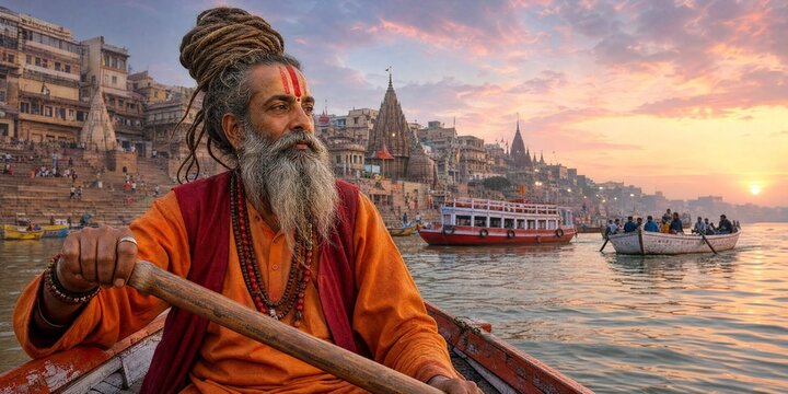 Hindu Holy Man Sailing on the Ganges River at Sunrise in Varanasi India