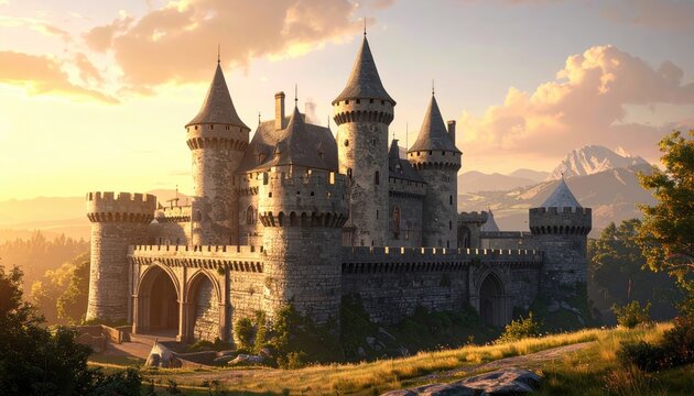Majestic stone castle at sunrise, bathed in golden light, overlooking rolling hills