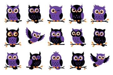 Obraz premium Set of Funny Cute Cartoon Owl Characters Vector Illustration Collection with Adorable Bird Faces for Kids Icons Patterns and Creative Design