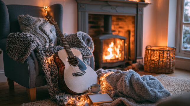 Guitar by Cozy Fireplace for Warm Home Lifestyle Advertising