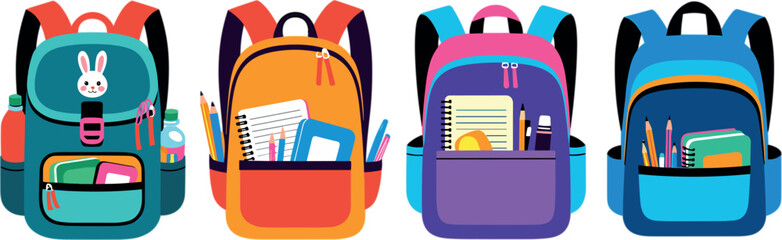 Colorful school backpacks vector set with cute cartoon knapsacks and educational supplies for kids back to school design © Siddika