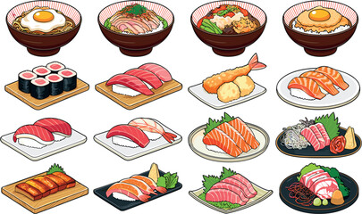 Japanese food vector illustration set with sushi nigiri ramen bowl sashimi and tempura isolated icons on white background © Siddika