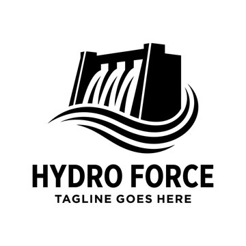 Dynamic dam logo with water waves for heavy industry and energy sectors.