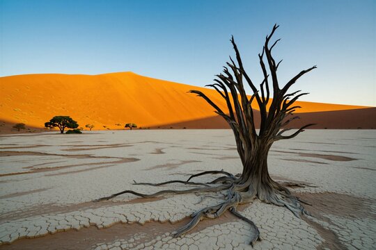 Dry dead tree stands on cracked white clay ground in Namibia desert. Orange sand dunes rise under clear blue sky background. Ancient wood sculpture nature landscape scene features arid wilderness
