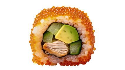 Sushi roll with duck avocado cucumber and tobiko roe, isolated on transparent background © Iura