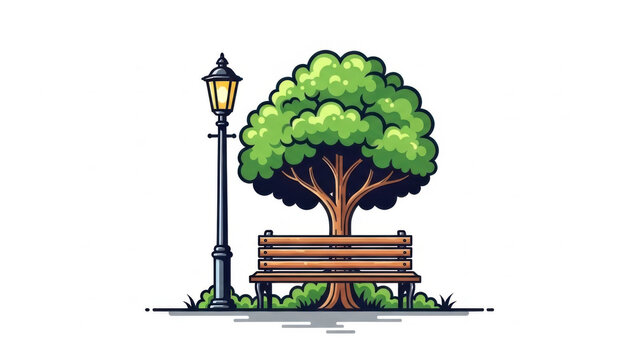 Pixel art park bench with a tree and a street lamp