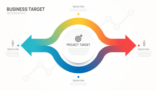 Infographic circle chart arrow Venn diagram business target template 2 options, presentation vector illustration.