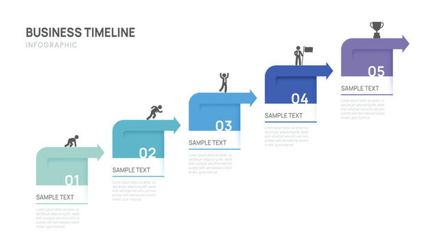Business Infographic Arrow Timeline Template with 5 Step process, label and circle design for business and presentation Vector Illustration.