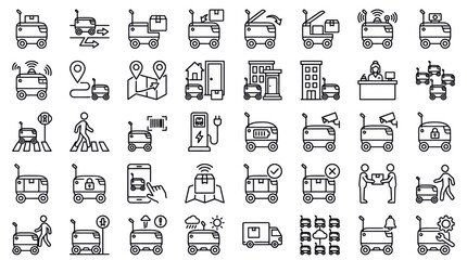 Obraz premium Collection of black line icons depicting various delivery trucks and robots