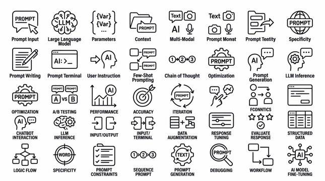 Black and white icons illustrating ai prompt engineering concepts and techniques