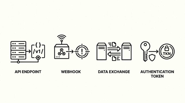A line of black and white icons depicting api endpoint, webhook, data exchange and authentication token on a beige background