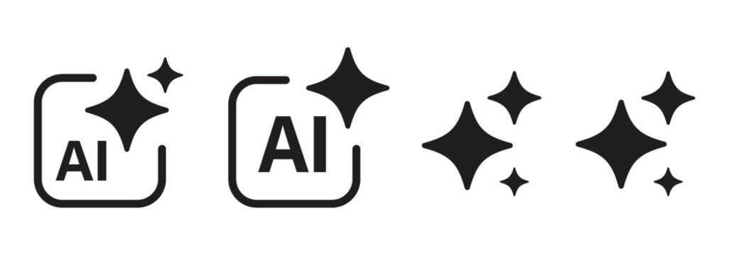 Set of generated AI icons. AI star symbol with a pointed and rounded tip. AI logotype. Artificial intelligence concept. Icon element for app and web. Vector illustration