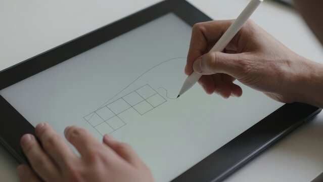 Digital Artist Using Stylus Pen to Draw Professional Sketch on Graphic Tablet in Modern Office Studio with Soft Natural Lighting and Minimalist Workspace Concept for Creative Designer